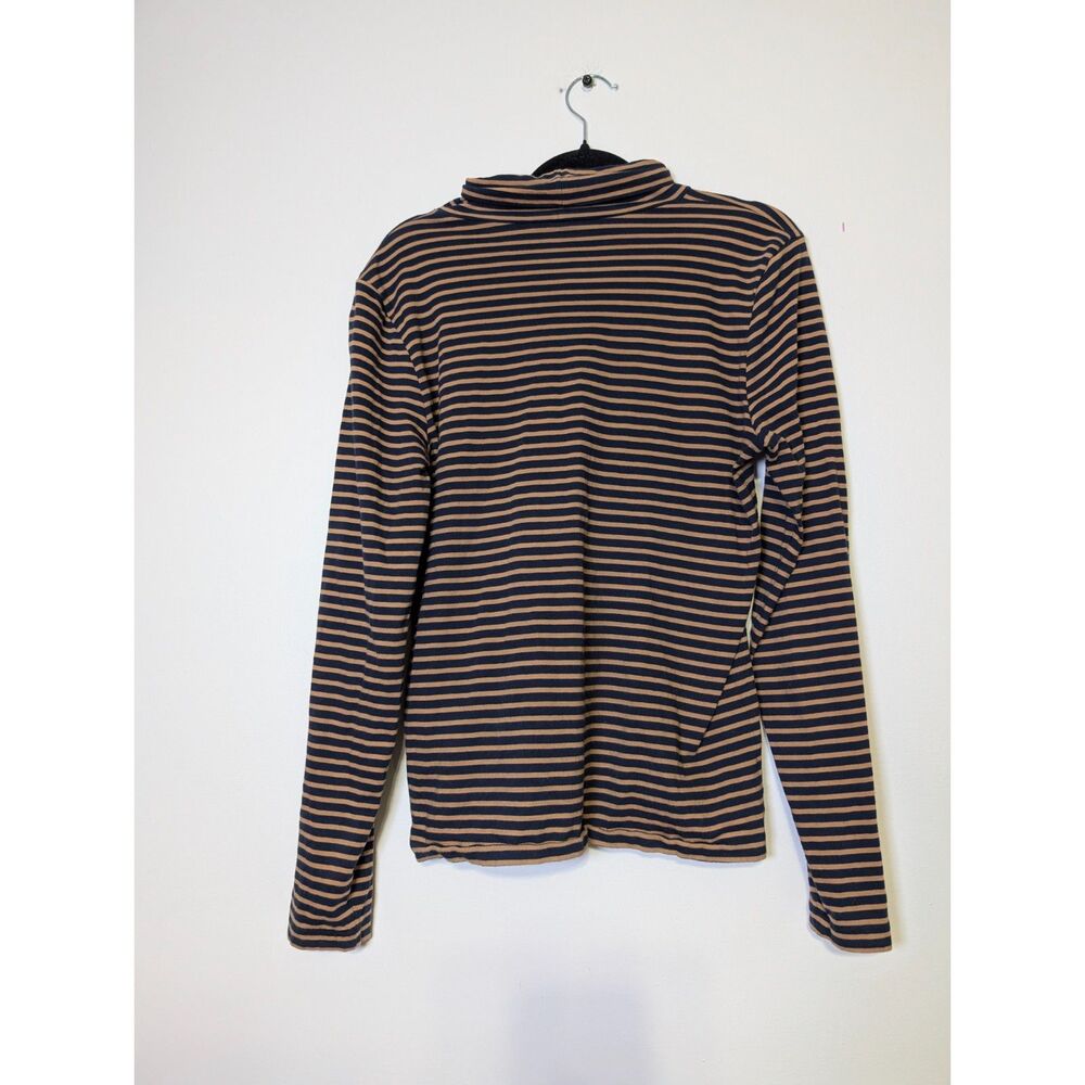 J.Crew Tissue Turtleneck Top Medium Navy Camel Stripe Cotton Coastal Preppy - Picture 3 of 6